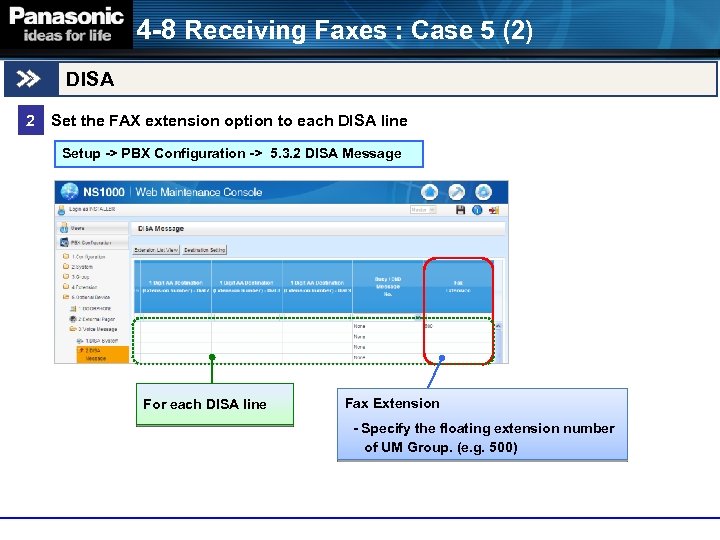 4 -8 Receiving Faxes : Case 5 (2) DISA 2 Set the FAX extension