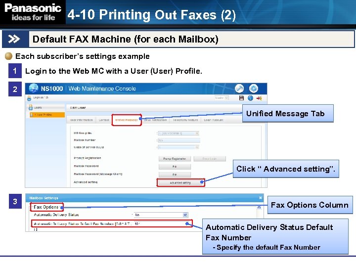 4 -10 Printing Out Faxes (2) Default FAX Machine (for each Mailbox) Each subscriber’s