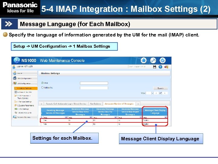 5 -4 IMAP Integration : Mailbox Settings (2) Message Language (for Each Mailbox) Specify