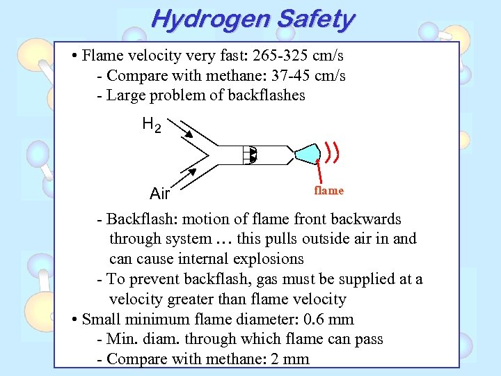 Hydrogen Safety • Flame velocity very fast: 265 -325 cm/s - Compare with methane:
