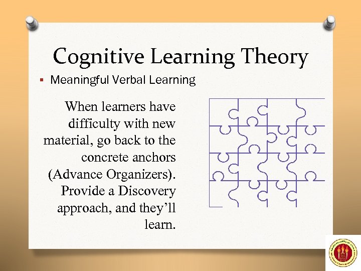 Cognitive Learning Theory § Meaningful Verbal Learning When learners have difficulty with new material,