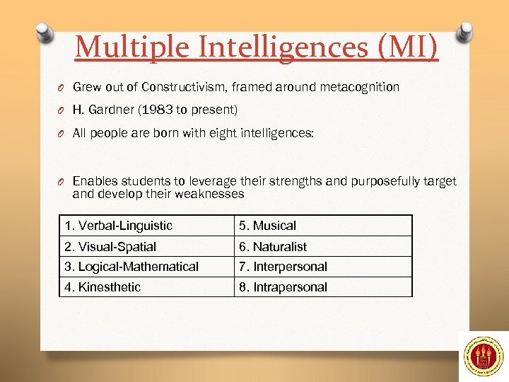 Multiple Intelligences (MI) O Grew out of Constructivism, framed around metacognition O H. Gardner