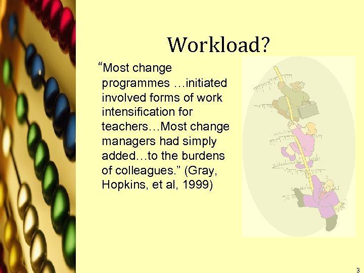 Workload? “Most change programmes …initiated involved forms of work intensification for teachers…Most change managers