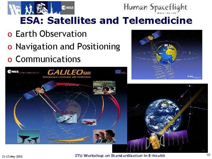 ESA: Satellites and Telemedicine ITU-T Observation o Earth o Navigation and Positioning o Communications