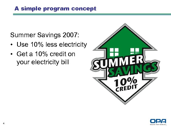 A simple program concept Summer Savings 2007: • Use 10% less electricity • Get