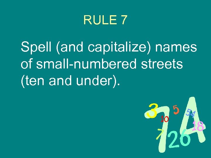 RULE 7 Spell (and capitalize) names of small-numbered streets (ten and under). 