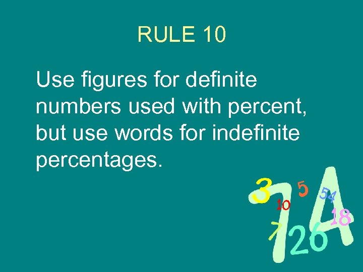 RULE 10 Use figures for definite numbers used with percent, but use words for