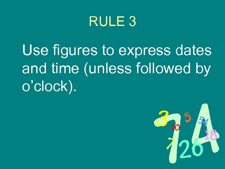 RULE 3 Use figures to express dates and time (unless followed by o’clock). 