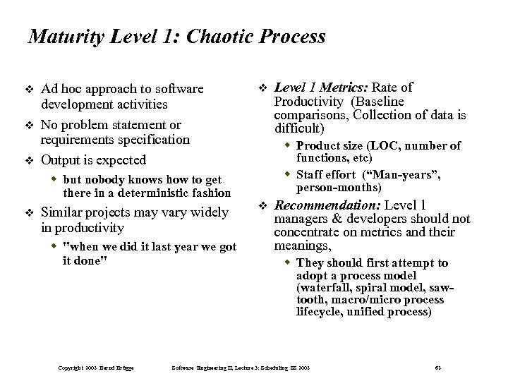 Maturity Level 1: Chaotic Process Ad hoc approach to software development activities No problem