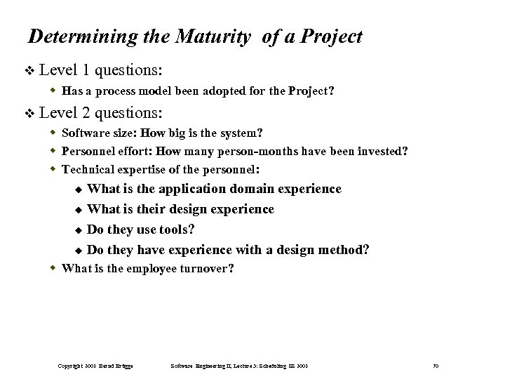 Determining the Maturity of a Project Level 1 questions: Has a process model been