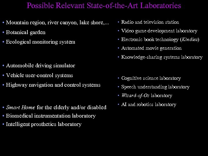 Possible Relevant State-of-the-Art Laboratories • Mountain region, river canyon, lake shore, . . .