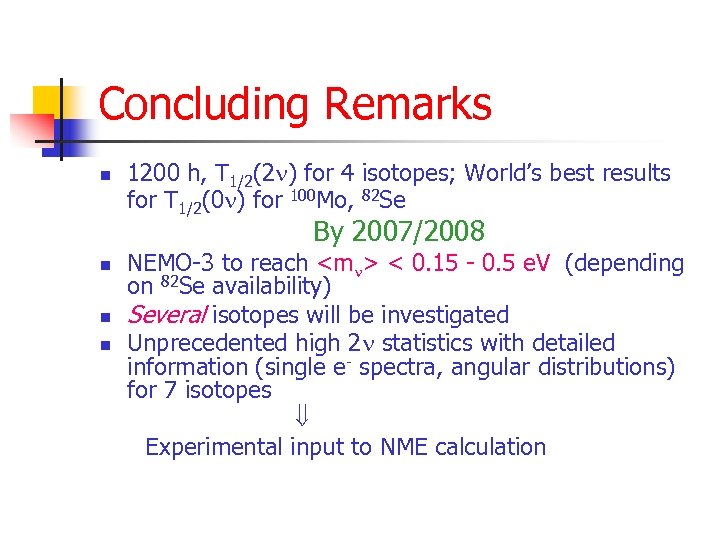 Concluding Remarks n 1200 h, T 1/2(2 ) for 4 isotopes; World’s best results