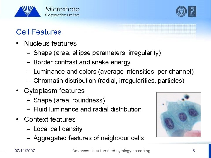 Cell Features • Nucleus features – – Shape (area, ellipse parameters, irregularity) Border contrast