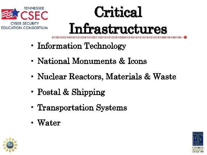 Critical Infrastructures • Information Technology • National Monuments & Icons • Nuclear Reactors, Materials