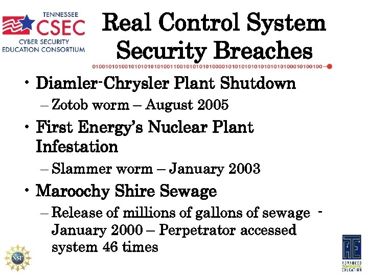 Real Control System Security Breaches • Diamler-Chrysler Plant Shutdown – Zotob worm – August
