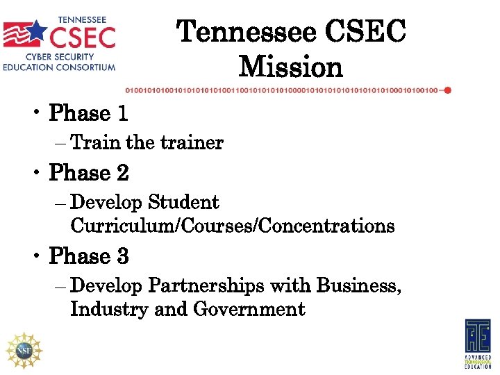 Tennessee CSEC Mission • Phase 1 – Train the trainer • Phase 2 –