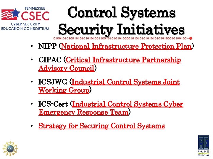 Control Systems Security Initiatives • NIPP (National Infrastructure Protection Plan) • CIPAC (Critical Infrastructure