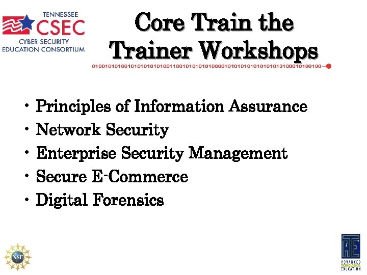 Core Train the Trainer Workshops • Principles of Information Assurance • Network Security •