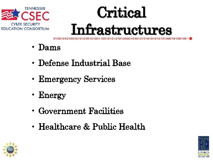 Critical Infrastructures • Dams • Defense Industrial Base • Emergency Services • Energy •