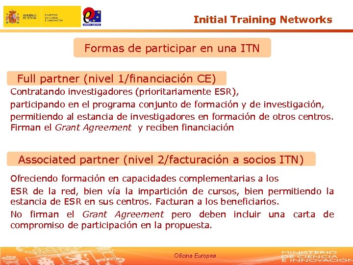 Initial Training Networks Formas de participar en una ITN Full partner (financiación CE) Full