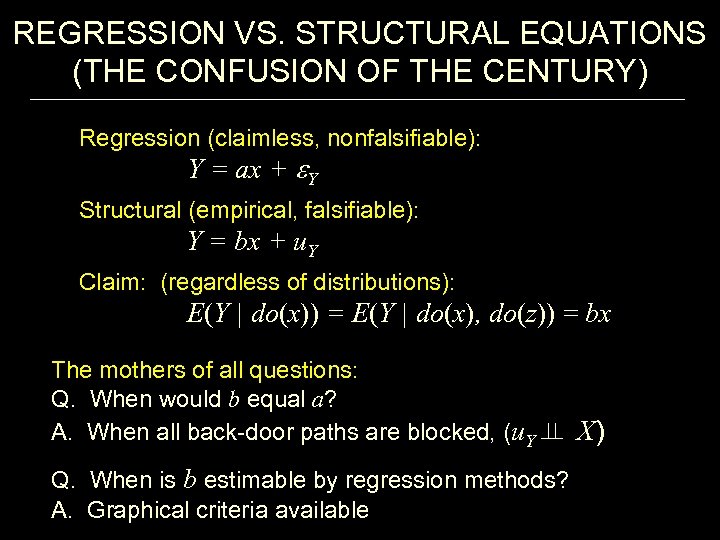 REGRESSION VS. STRUCTURAL EQUATIONS (THE CONFUSION OF THE CENTURY) Regression (claimless, nonfalsifiable): Y =