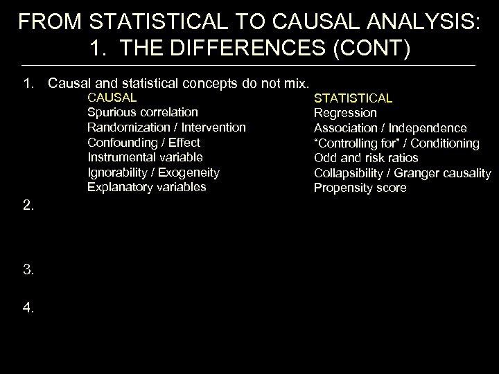 FROM STATISTICAL TO CAUSAL ANALYSIS: 1. THE DIFFERENCES (CONT) 1. Causal and statistical concepts