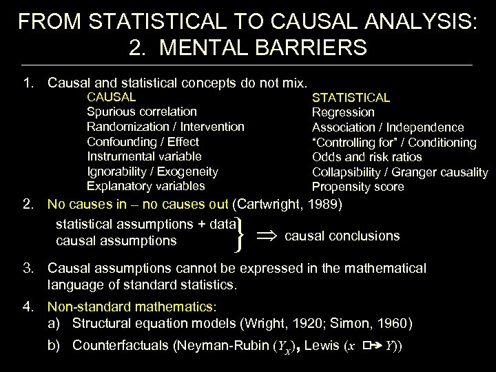 FROM STATISTICAL TO CAUSAL ANALYSIS: 2. MENTAL BARRIERS 1. Causal and statistical concepts do