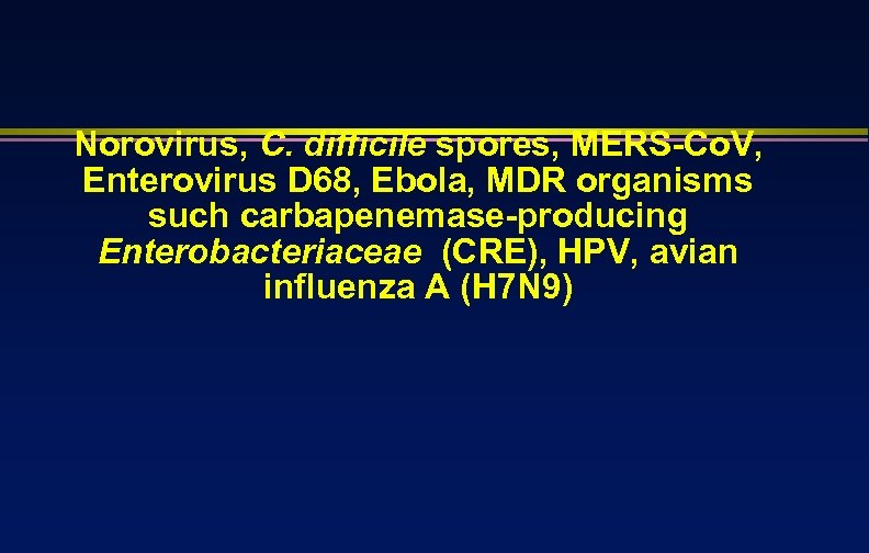 Norovirus, C. difficile spores, MERS-Co. V, Enterovirus D 68, Ebola, MDR organisms such carbapenemase-producing