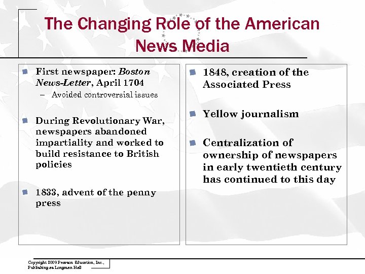 The Changing Role of the American News Media First newspaper: Boston News-Letter, April 1704