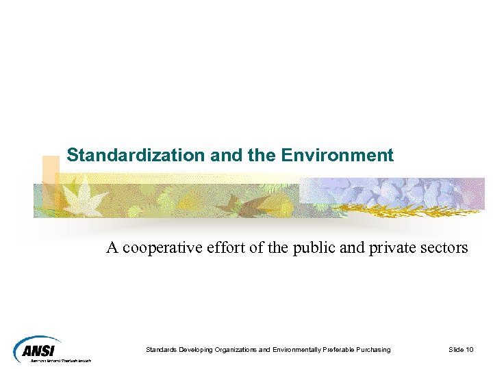 Standardization and the Environment A cooperative effort of the public and private sectors Standards