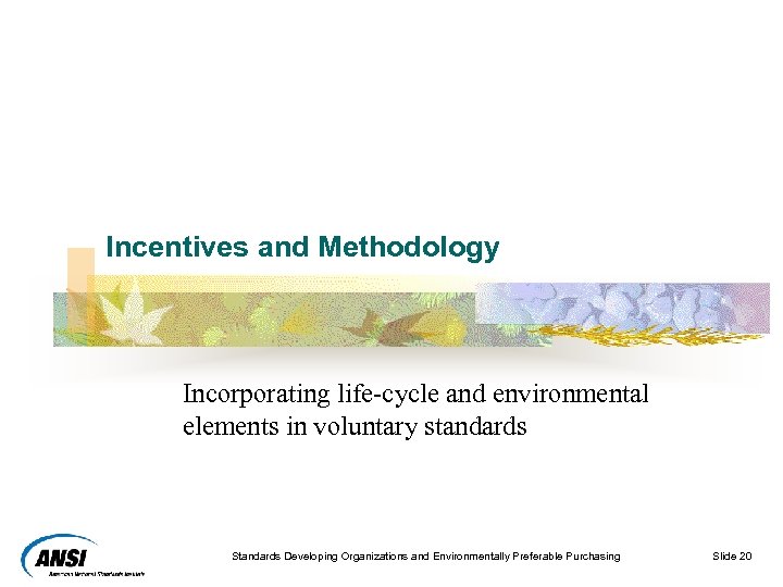 Incentives and Methodology Incorporating life-cycle and environmental elements in voluntary standards Standards Developing Organizations