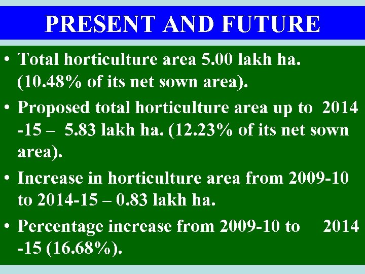 PRESENT AND FUTURE • Total horticulture area 5. 00 lakh ha. (10. 48% of