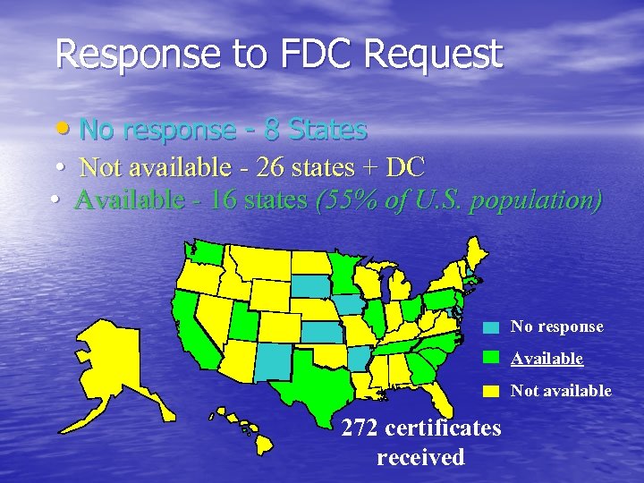 Response to FDC Request • No response - 8 States • Not available -