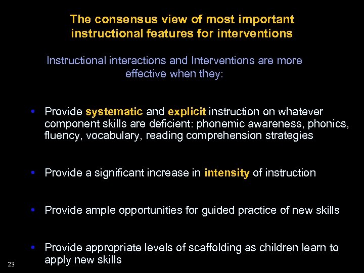 The consensus view of most important instructional features for interventions Instructional interactions and Interventions