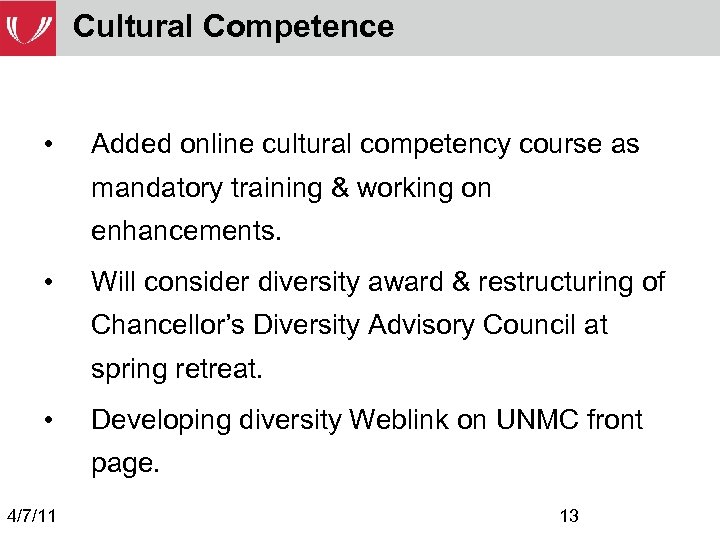 Cultural Competence • Added online cultural competency course as mandatory training & working on