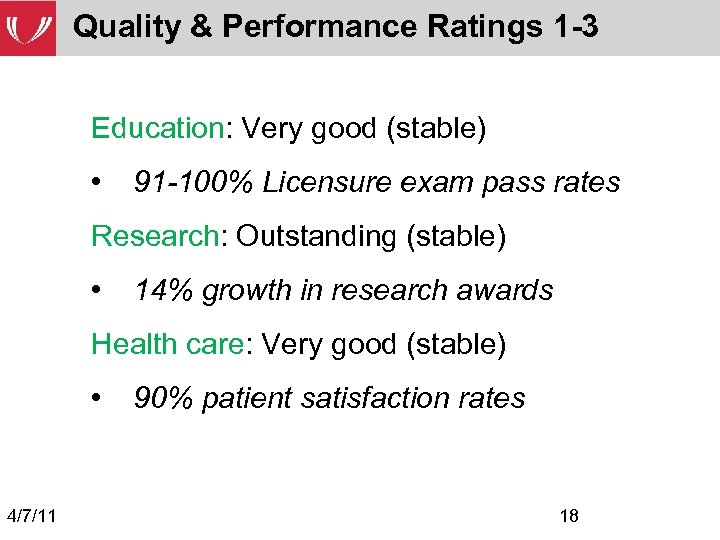 Quality & Performance Ratings 1 -3 Education: Very good (stable) • 91 -100% Licensure