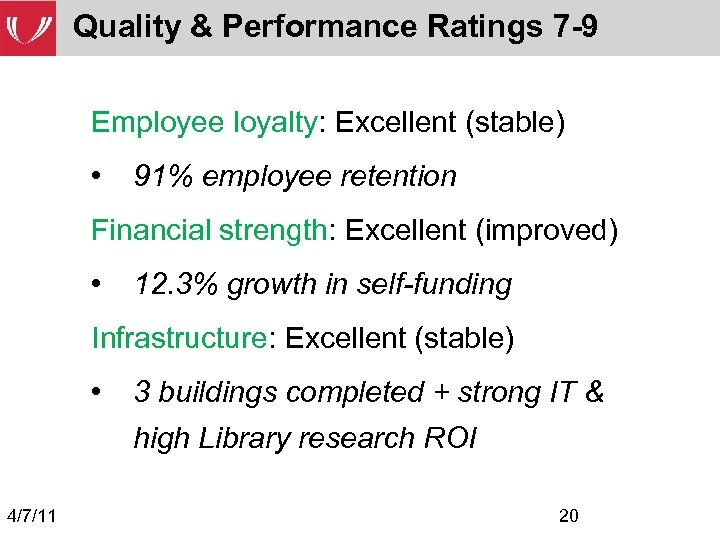 Quality & Performance Ratings 7 -9 Employee loyalty: Excellent (stable) • 91% employee retention