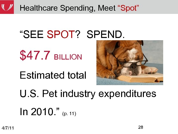 Healthcare Spending, Meet “Spot” “SEE SPOT? SPEND. $47. 7 BILLION Estimated total U. S.