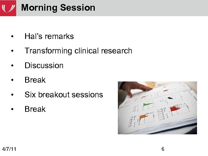 Morning Session • Hal’s remarks • Transforming clinical research • Discussion • Break •