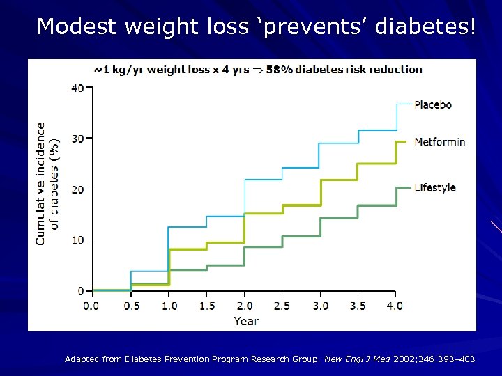 Modest weight loss ‘prevents’ diabetes! Adapted from Diabetes Prevention Program Research Group. New Engl