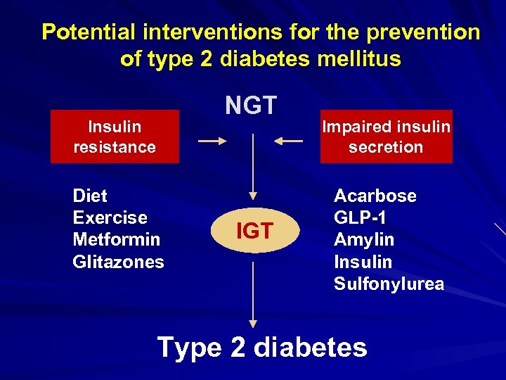 Potential interventions for the prevention of type 2 diabetes mellitus NGT Insulin resistance Diet