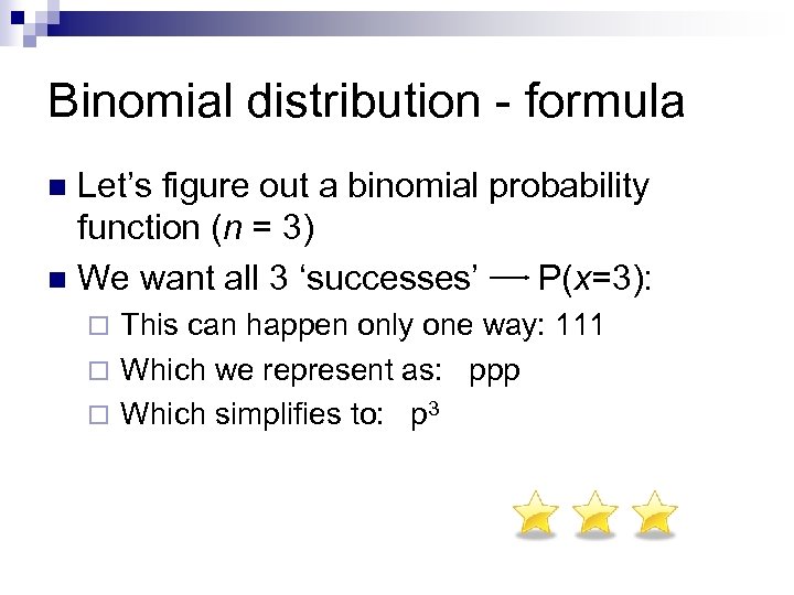 Binomial distribution - formula Let’s figure out a binomial probability function (n = 3)