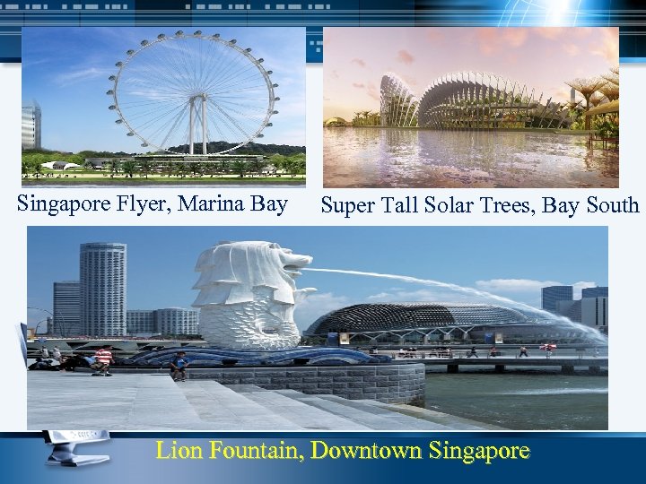 Singapore Flyer, Marina Bay Super Tall Solar Trees, Bay South Lion Fountain, Downtown Singapore