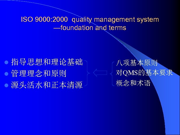 ISO 9000: 2000 quality management system —foundation and terms l 指导思想和理论基础 l 管理理念和原则 八项基本原则