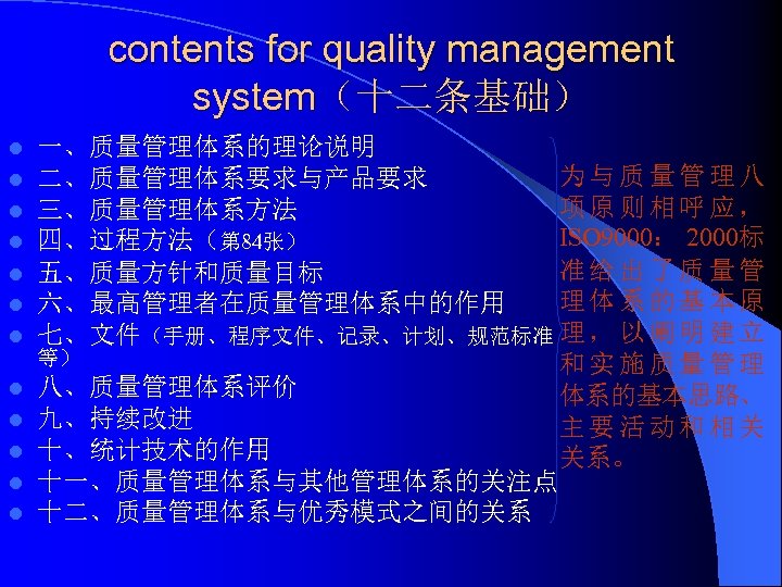 contents for quality management system（十二条基础） l l l 一、质量管理体系的理论说明 为与质量管理八 二、质量管理体系要求与产品要求 项原则相呼应， 三、质量管理体系方法 ISO