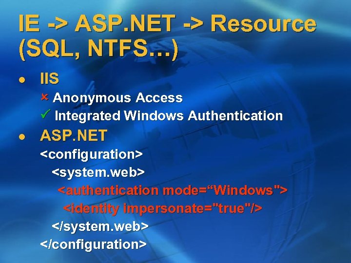 IE -> ASP. NET -> Resource (SQL, NTFS…) l IIS Anonymous Access Integrated Windows