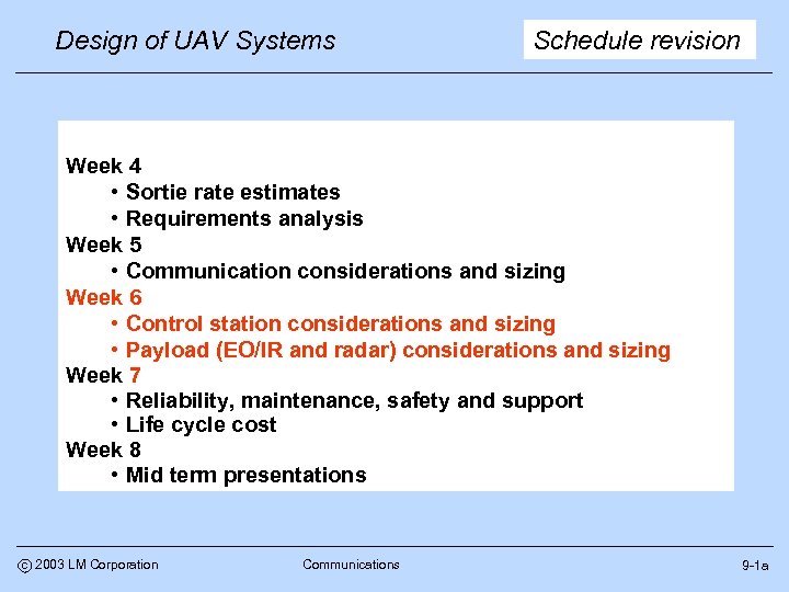 Design of UAV Systems Schedule revision Week 4 • Sortie rate estimates • Requirements