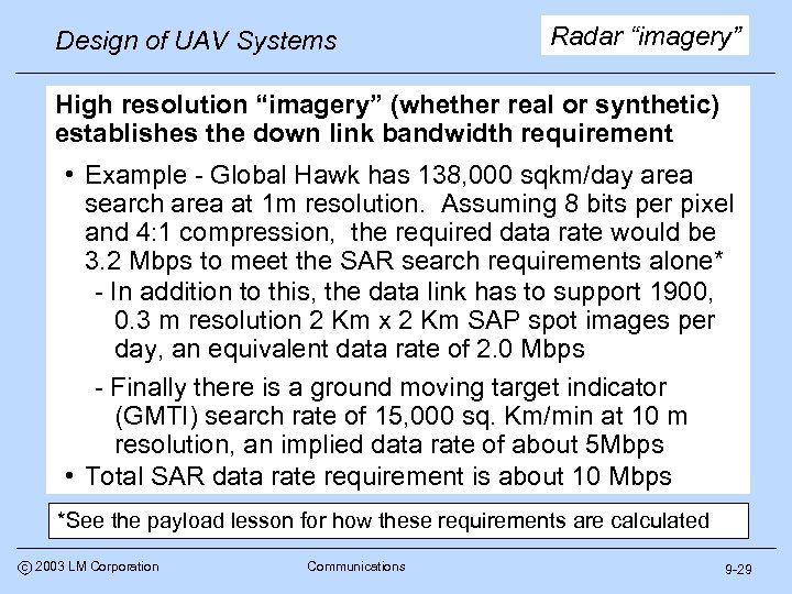 Design of UAV Systems Radar “imagery” High resolution “imagery” (whether real or synthetic) establishes