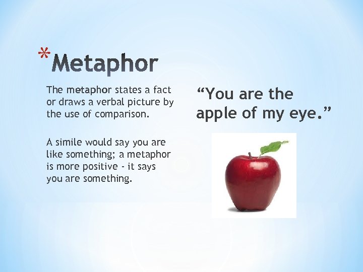 * The metaphor states a fact or draws a verbal picture by the use