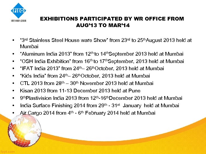  • • • EXHIBITIONS PARTICIPATED BY WR OFFICE FROM AUG’ 13 TO MAR’